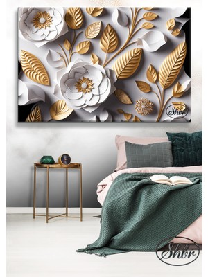 Şehber Tekli Yatay Kanvas Tablo Gold Yapraklı Beyaz Çiçekler 3D Dekoratif Kanvas Duvar Tablosu