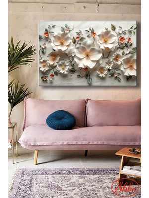 Şehber Tekli Yatay Dekoratif Kanvas Tablo Salon Yatak Odası Kafe Ofis 3D Beyaz Çiçekler Illüstrasyon