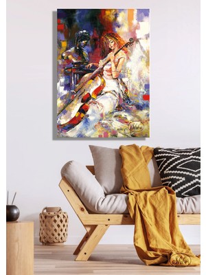 Şehber Tekli Dikey Kanvas Tablo, Yağlı Boya Efektli, Çello Çalan Kadın, Dekoratif Kanvas Duvar Tablosu