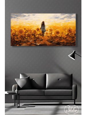 Şehber Tekli Yatay Kanvas Duvar Tablosu Salon Yatak Odası Kafe Yağlı Boya Efekt Sarı Çiçekler ve Kız