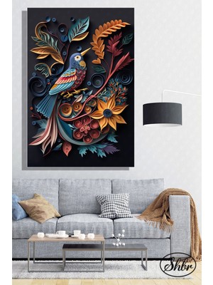 Şehber Tekli Dikey Kanvas Dekoratif Duvar Tablosu Çiçekli Kuş Dalı Illüstrasyon