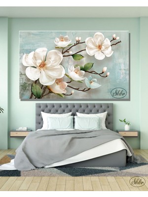 Şehber Tekli Yatay Kanvas Dekoratif Duvar Tablosu, Su Yeşili Fonlu Beyaz Çiçekler
