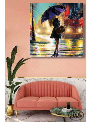 Şehber Tekli Kare Kanvas Duvar Tablosu Salon Yatak Odası Mutfak Kafe Ofis Yağmurda Şemsiyeli Kız