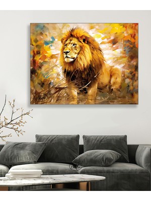 Şehber Tekli Yatay Kanvas Duvar Tablosu Asil Duruşlu Aslan Dekoratif Kanvas Tablo