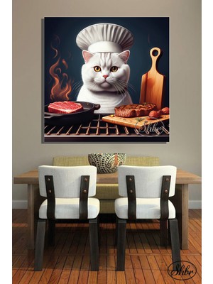 Şehber Tekli Kare Kanvas Dekoratif Duvar Tablosu , Aşçı Izgara Yapan Kedi,