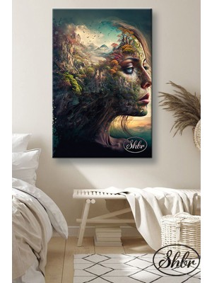 Şehber Tekli Dikey Kanvas Tablo Fusion Kız Portresi Illüstrasyon Dekoratif Kanvas Duvar Tablosu