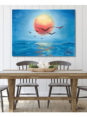 Şehber Tekli Yatay Kanvas Dekoratif Duvar Tablosu, Yağlı Boya Efektli Denizde Gün Batımı