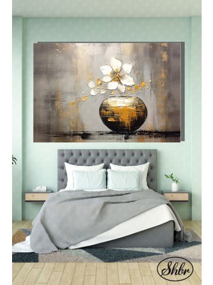 Şehber Tekli Yatay Kanvas Dekoratif Salon Yatak Odası Mutfak Duvar Tablosu Gold Efekt Soyut Beyaz Çiçek