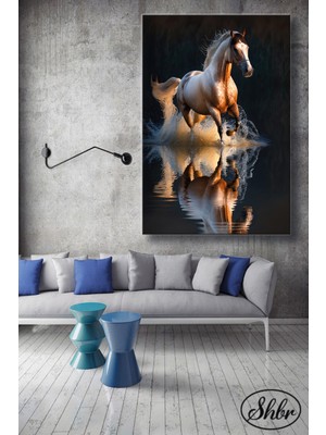 Şehber Tekli Dikey Kanvas Dekoratif Duvar Tablosu Salon Yatak Odası Kafe Ofis Koşan At Suya Yansımalı