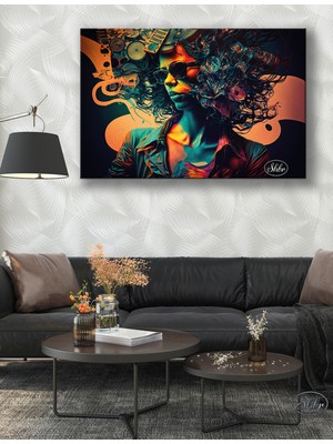 Şehber Tekli Yatay Kanvas Tablo Soyut Sanat Kadın Müzisyen Renkli Dekoratif Kanvas Duvar Tablosu