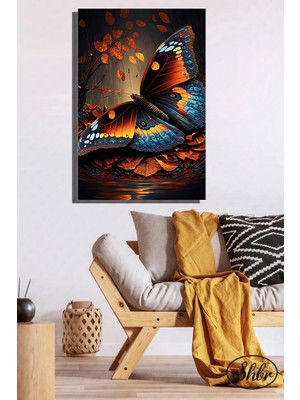 Şehber Tekli Dikey Kanvas Dekoratif Duvar Tablosu Siyah Fonda Renkli Kelebek Illüstrasyon
