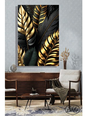 Şehber Tekli Dikey Kanvas Dekoratif Duvar Tablosu Siyah Altın Tropikal Yapraklar