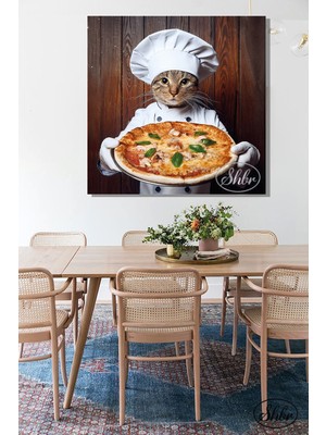 Şehber Tekli Kare Kanvas Dekoratif Duvar Tablosu , Pizzacı Kedi,
