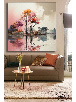 Şehber Tekli Kare Kanvas Duvar Tablosu Salon Yatak Odası Mutfak Kafe Ofis Göl Manzarası Illüstrasyon