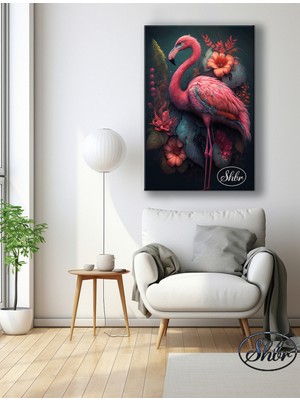 Şehber Tekli Dikey Kanvas Tablo Flamingo ve Çiçekler Renkli Dekoratif Kanvas Duvar Tablosu