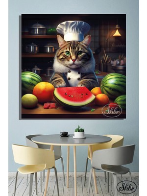 Şehber Tekli Kare Kanvas Dekoratif Duvar Tablosu , Aşçı Kedi, Karpuz Kesen Kedi,
