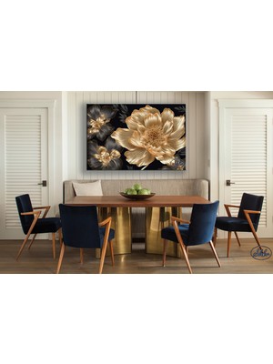 Şehber Tekli Yatay Kanvas Tablo Altın Çiçekler 3D Dekoratif Kanvas Duvar Tablosu