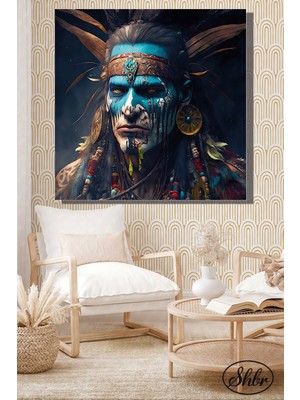 Şehber Tekli Kare Kanvas Salon Yatak Odası Mutfak Ofis Duvar Tablosu Kızılderili Portre Illüstrasyon