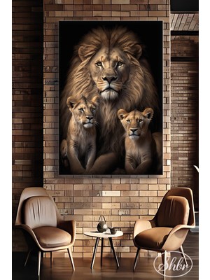 Şehber Tekli Dikey Dekoratif Kanvas Tablo Salon Yatak Odası Kafe Ofis Baba Aslan ve Yavruları