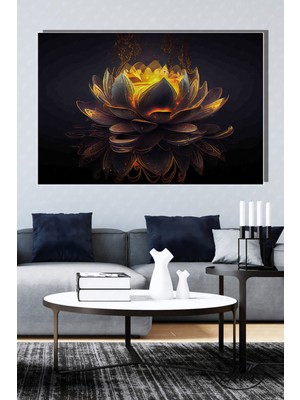 Şehber Tekli Yatay Kanvas Dekoratif Salon Yatak Odası Mutfak Duvar Tablosu Siyah Fonda Lotus Çiçeği