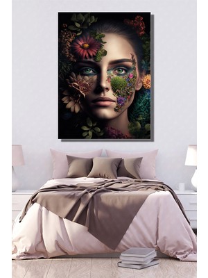 Şehber Tekli Dikey Kanvas Dekoratif Duvar Tablosu Çiçekli Kız Portre Moda Illüstrasyon