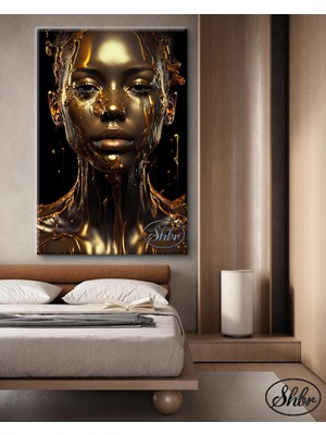 Şehber Tekli Dikey Kanvas Tablo Sıvı Altın Tasarım Kadın Portresi Dekoratif Kanvas Duvar Tablosu