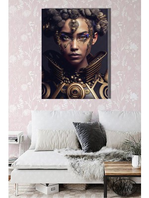 Şehber Tekli Dikey Kanvas Dekoratif Duvar Tablosu Siberpunk Savaşçı Kız 3D Illüstrasyon Bilimkurgu