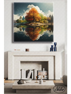 Şehber Tekli Kare Kanvas Duvar Tablosu Salon Yatak Odası Mutfak Kafe Ofis Göle Yansıyan Ağaçlar