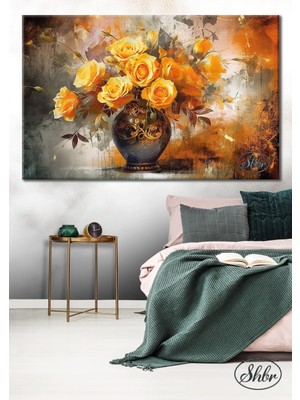 Şehber Tekli Yatay Kanvas Tablo Vazoda Sarı Güller Yağlı Boya Efektli Dekoratif Kanvas Duvar Tablosu