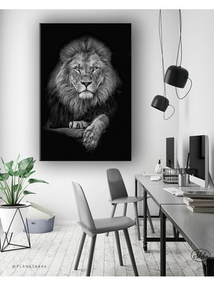 Şehber Tekli Dikey Kanvas Tablo Siyah Beyaz Aslan Kral Kanvas Duvar Tablosu