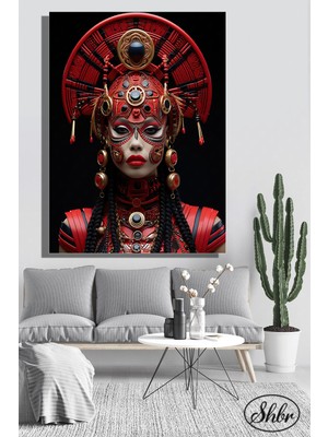 Şehber Tekli Dikey Kanvas Dekoratif Duvar Tablosu Asyalı Kırmızılı Kadın Illüstrasyon