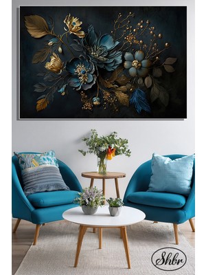 Şehber Tekli Yatay Kanvas Dekoratif Salon Yatak Odası Mutfak Duvar Tablosu 3D Gold Efekt Mavi Çiçekler
