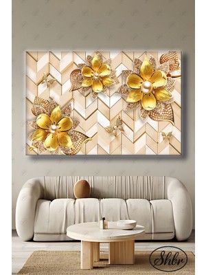 Şehber Tekli Yatay Dekoratif Kanvas Tablo Salon Yatak Odası Kafe Ofis Gold Çiçek Tasarım