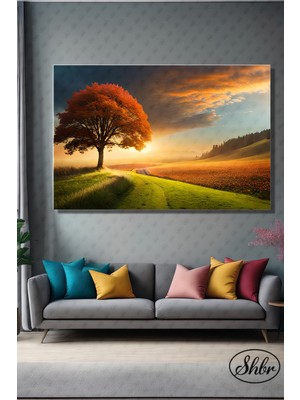 Şehber Tekli Yatay Kanvas Dekoratif Duvar Tablosu Sonbaharda Tarlalarda Günbatımı