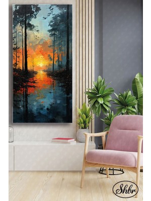 Şehber Tekli Dikey Kanvas Dekoratif Duvar Tablosu Salon Yatak Odası Mutfak Kafe Ofis Gün Batışı Orman
