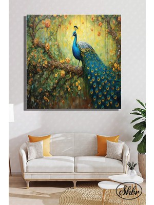 Şehber Tekli Kare Kanvas Dekoratif Salon Yatak Odası Mutfak Ofis Duvar Tablosu Tavuskuşu Illüstrasyon