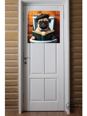 Şehber Tekli, Kare, Kanvas, Dekoratif, Duvar, Tablosu , Pug, Tuvalette Okumuş Köpek,