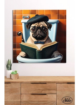 Şehber Tekli Kare Kanvas Dekoratif Duvar Tablosu , Pug, Tuvalette Kitap Okuyan Köpek,