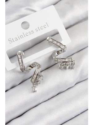 Pazarcan Mey Ithalat® Pirinç Zirkon Taşlı Kıvrımlı Model Gümüş Renk Kadın Küpe