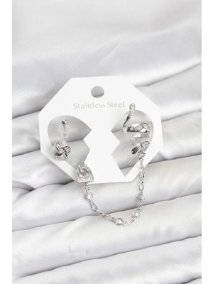 Pazarcan Mey Ithalat® Pirinç Gümüş Renk Yılan Model Zincir Bağlantılı Ear Cuff Küpe Seti