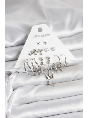 Pazarcan Mey Ithalat® Pirinç Gümüş Renk 6'lı Kadın Küpe Seti