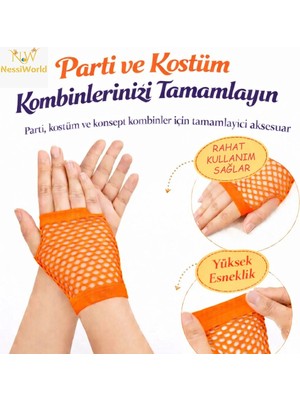 Pazarcan Mey Ithalat® 80’ler 90’lar Neon Turuncu File Parmaksız Kısa Eldiven 11 cm