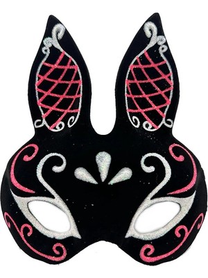 Pazarcan Mey Ithalat® Siyah Renk Kırmızı Beyaz Simli Siyah Süet Kaplama Tavşan Maskesi 18X16 cm