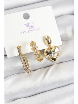 Pazarcan Mey Ithalat® Pirinç Zi̇rkon Taşlı Model Gold Renk 3'lü Kadın Küpe