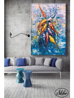 Şehber Tekli Dikey Dekoratif Kanvas Tablo Salon Yatak Odası Kafe Ofis Yağlı Boya Effekt Koi Balığı