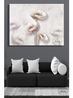 Şehber Tekli, Yatay, Kanvas, Dekoratif, Duvar, Tablosu , 3D Beyaz Çiçekler,