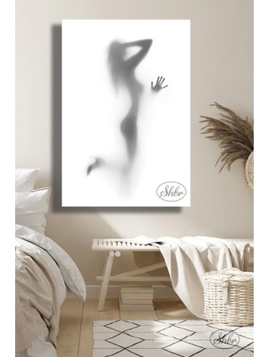 Şehber Tekli Dikey Kanvas Tablo, Siyah Beyaz Nü Kadın Silüeti Dekoratif Kanvas Duvar Tablosu