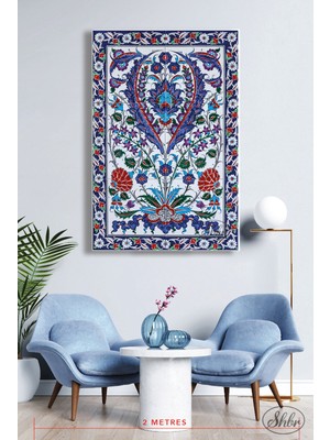 Şehber Tekli Dikey Kanvas Tablo, Çini Desenli Dekoratif Kanvas Duvar Tablosu