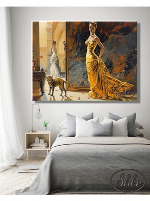 Şehber Tekli Yatay Kanvas Tablo Vintage, Yağlı Boya Eskitme, Sarı Elbiseli Kadın, Dekoratif Duvar Tablosu