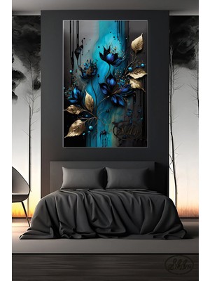 Şehber Tekli, Dikey, Kanvas, Dekoratif, Duvar, Tablosu , Gold Yapraklı Lacivert Çiçekler, 3D Illüstrasyon,